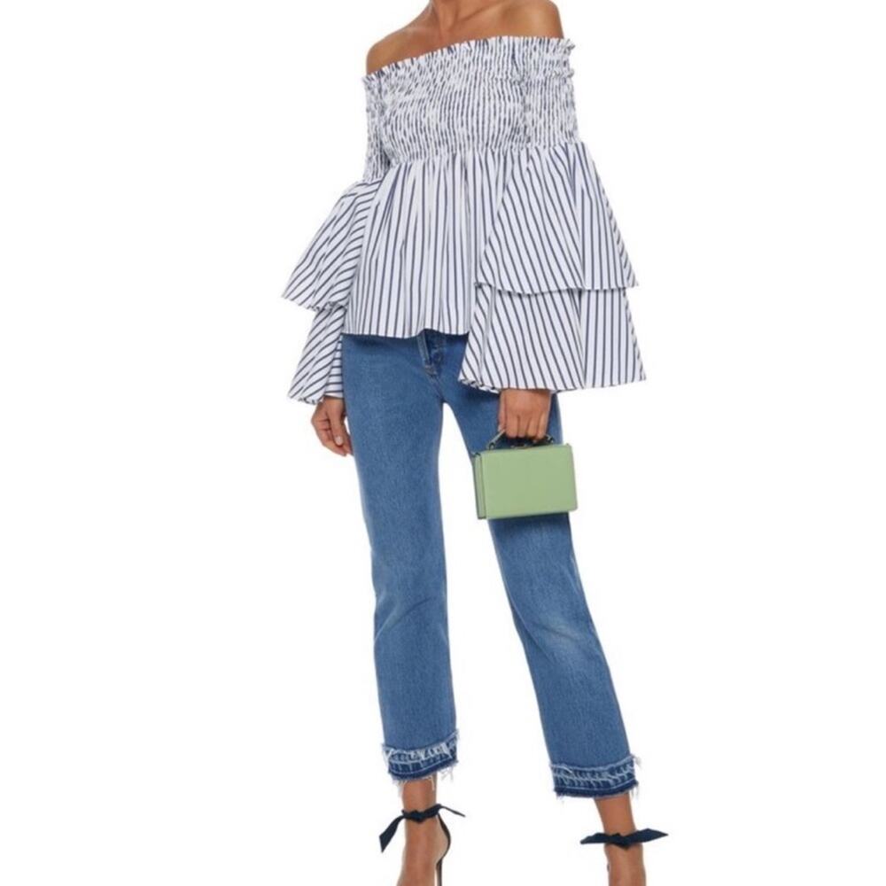 Caroline Constas Appolonia Plaid Off the Shoulder Smocked Top